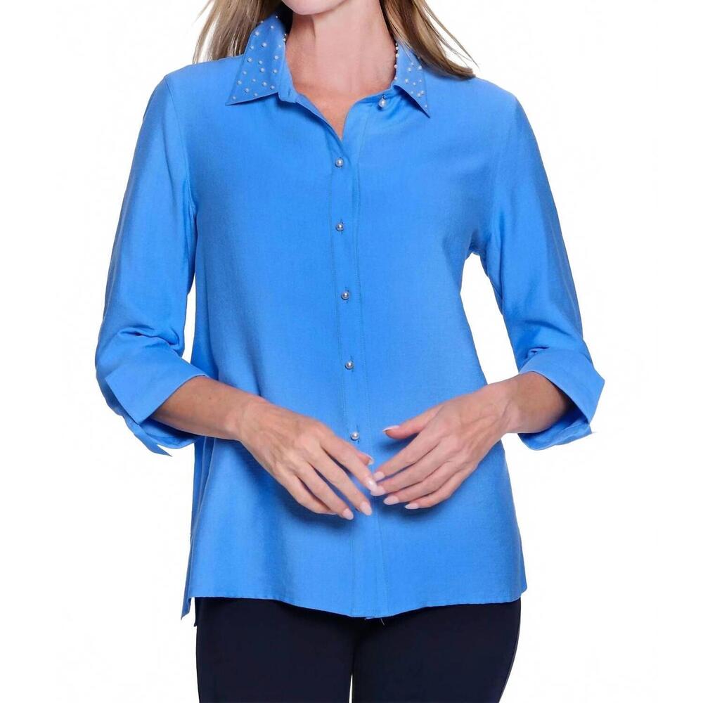 NEW MULTIPLES pearl rivet button front woven shirt in french blue